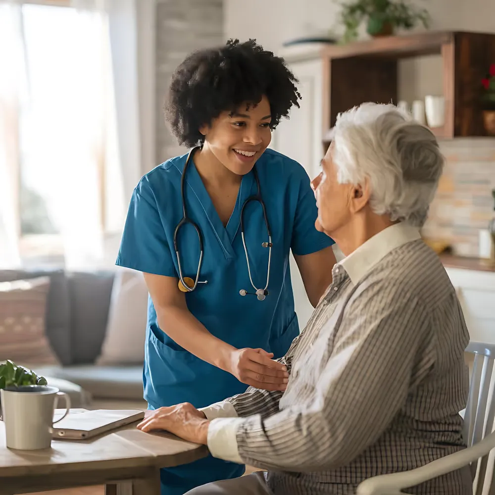 A Care2U clinician talking with an older patient at home